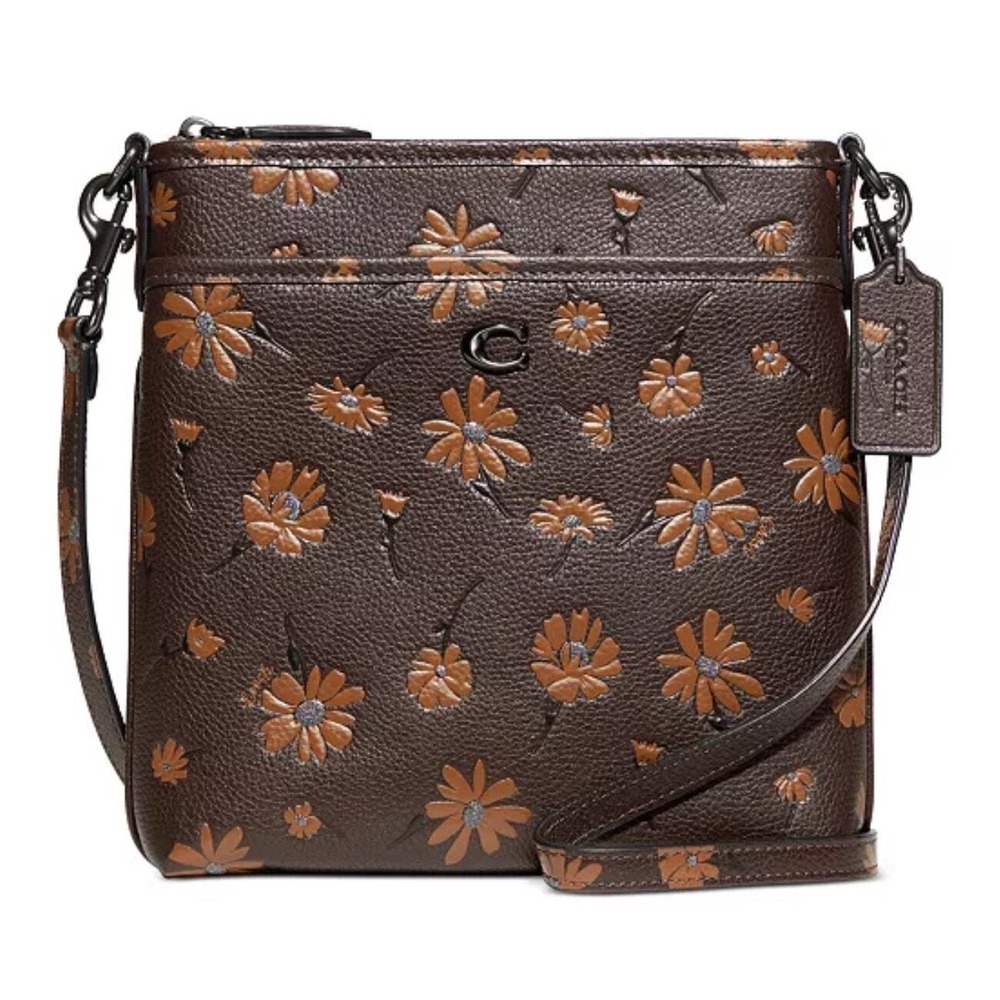 Coach Kitt Messenger Bag Floral Daisy Print Brown Pebble Leather Crossbody